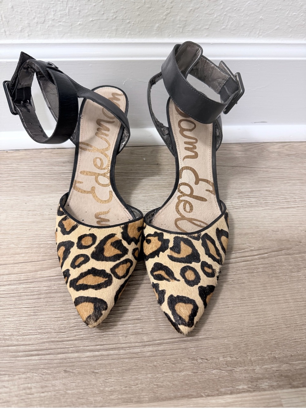 Sam Edelman Leopard Print Pointed Toe Ankle Strap Heels - Black & Tan